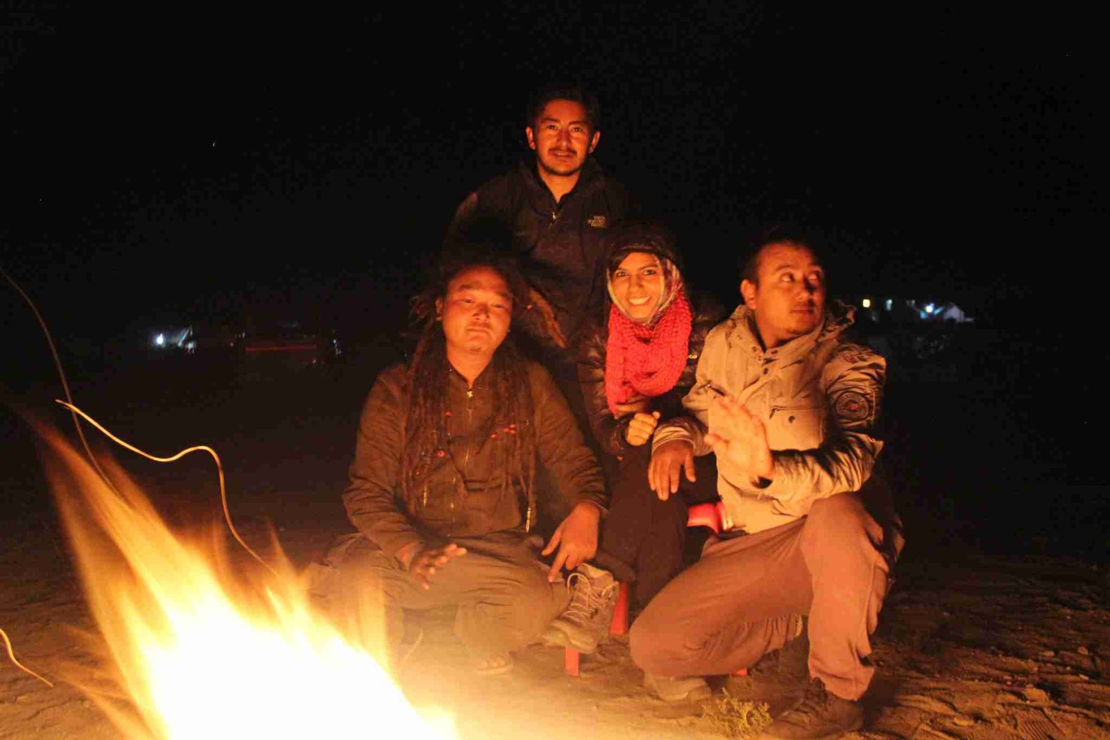 Enjoying the bonfire at Natures Nest Campsite, Pangong Tso Lake