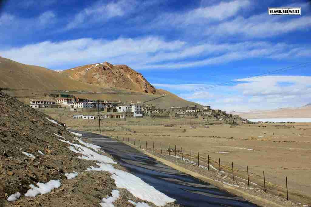Korzok village, with backdrop of Tso Moriri, Changthang