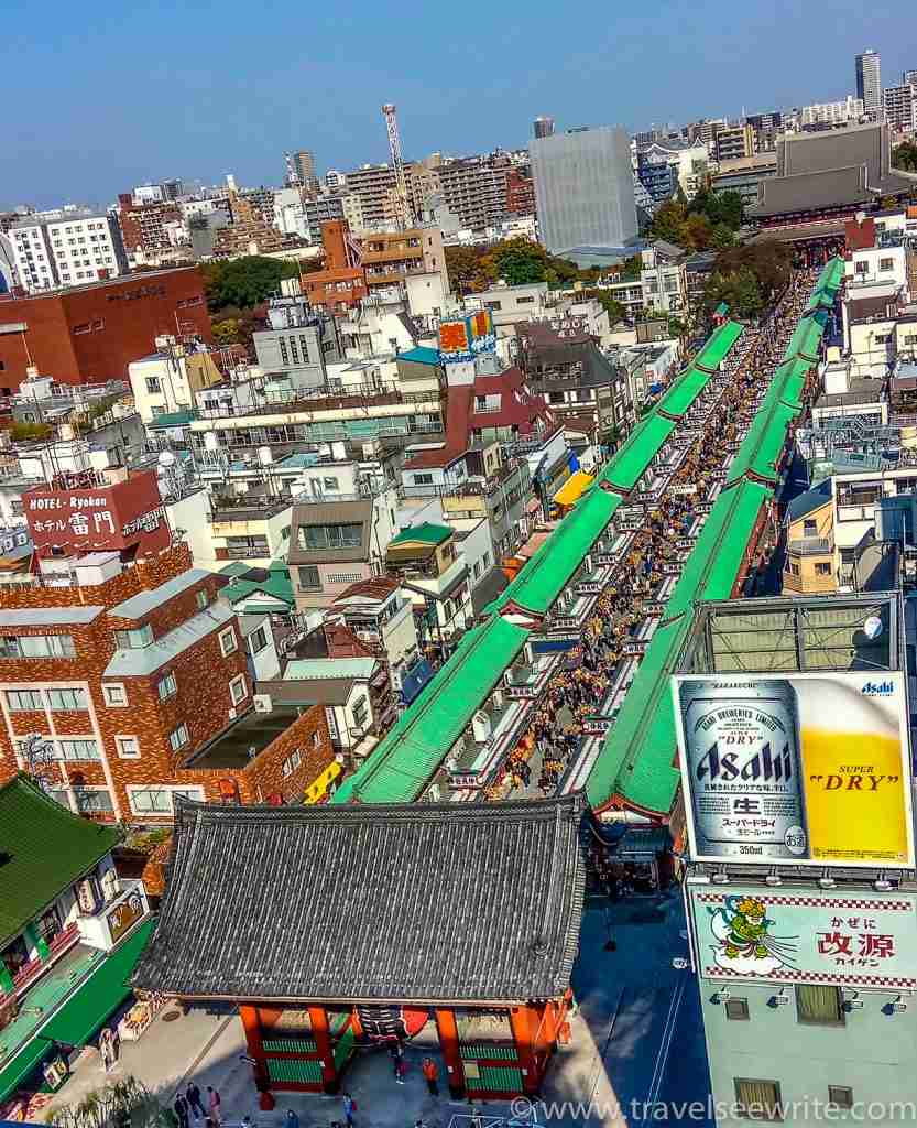 Aerial view of the Thunder Gate leading to Sensō-ji shrine via Nakamise Market, Asakusa, Tokyo