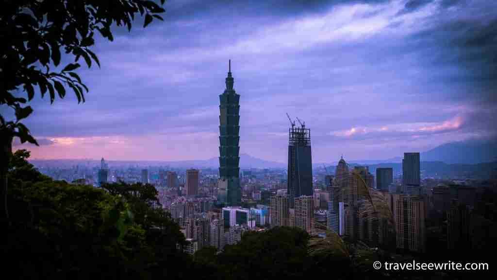 The landmark Taipei 101 skyline as seen from the Elephant Mountain, Taipei, Taiwan