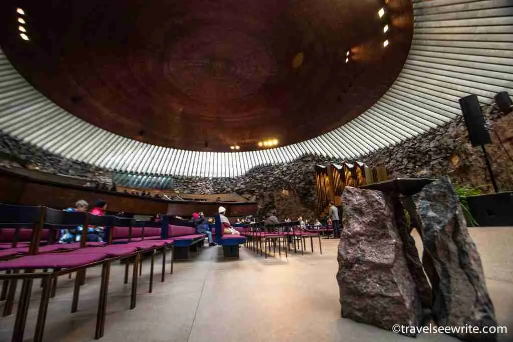 Things to do in Helsinki: Visit the Temppeliaukio Church that was quarried out of one rock and thanks to its excellent acoustics, it is a popular place for holding concerts