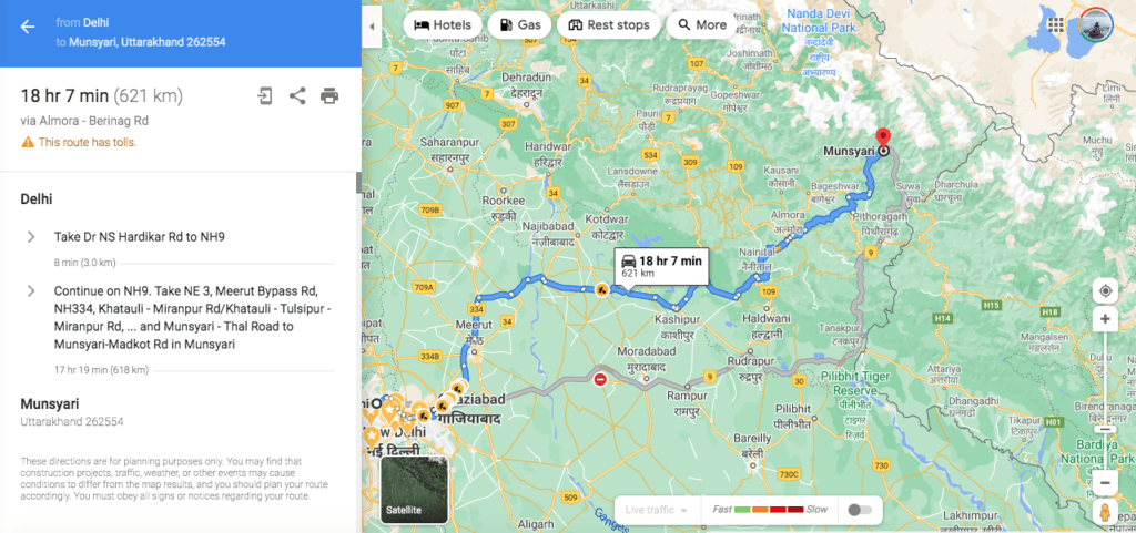 Delhi to munsiyari route via Almora, Nainital