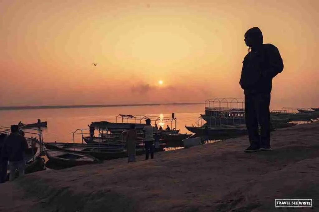 Witness the ethereal beauty of Varanasi at sunrise from the shore or boat.
