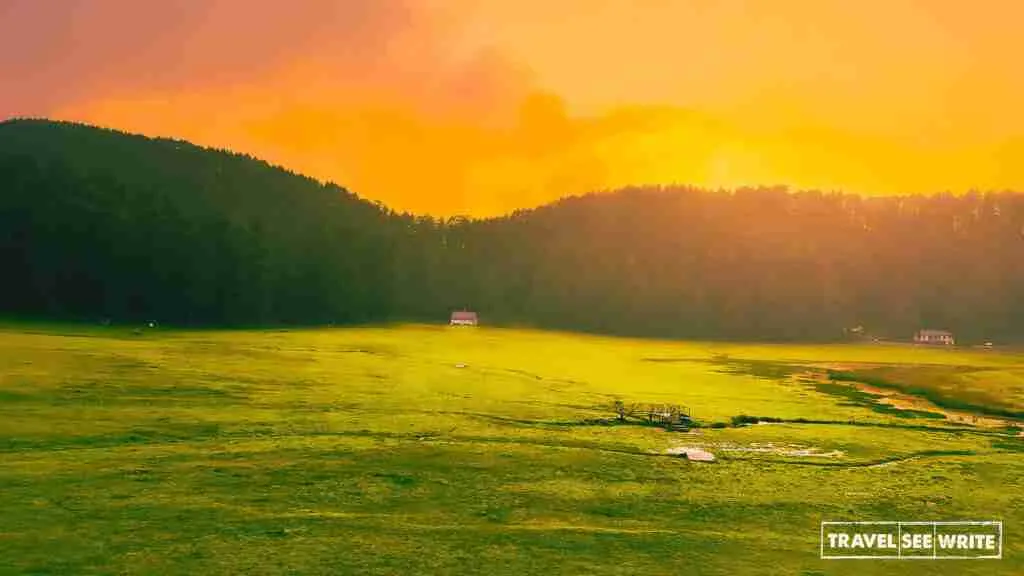 Khajjiar Grounds bask in a golden glow at sunrise and sunset.