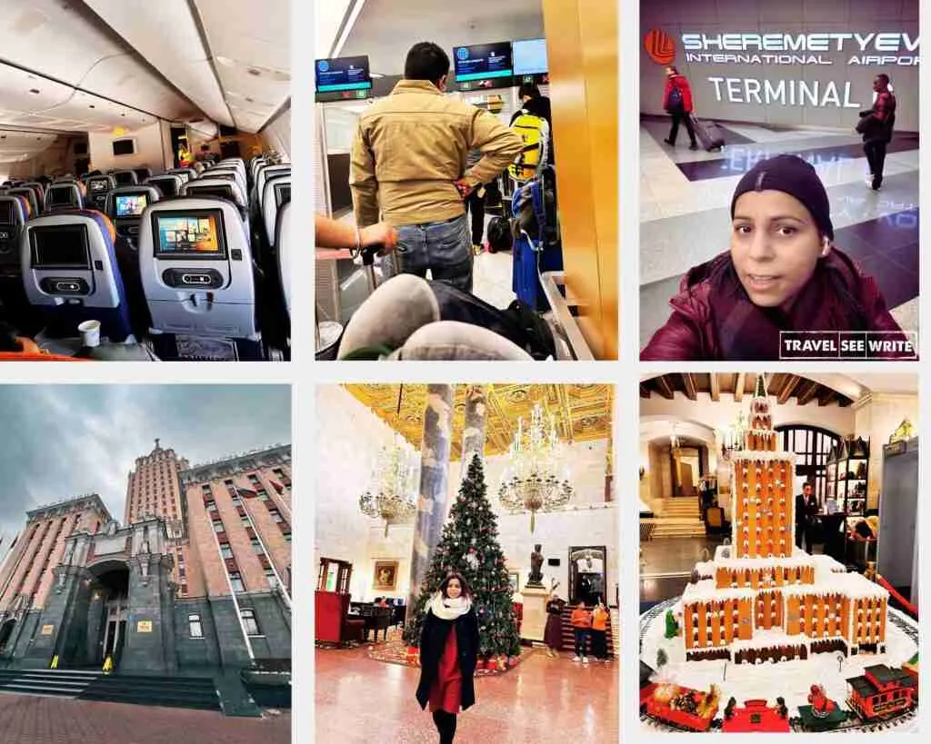 From L to R - Aeroflot flight, queue at the Russian Immigration, Sheremetyevo Alexander S. Pushkin International Airport, and Moscow Hilton Leningradskaya 