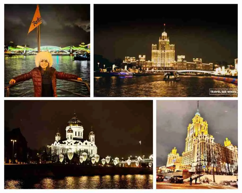Onboard the Radisson Float Cruise and the Moscow Skyline seen from through the Moskva River