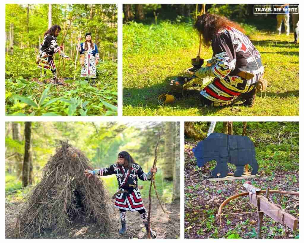 Forest Walk with the Ainu people in Biratori campgrounds - (Left to Right, Top to Bottom) - Tokuji Mombetsu and Misaki Kimura sharing Ainu knowlege about local plants used by Ainu people, Tokuji  san performing a a prayer ceremony "Kamuinomi" to the spirit-deities (kamuy) before entering the forest, showing us an Ainu hunting shelter called a "kuca cise" and try our hands on using traditional hunting equipment.