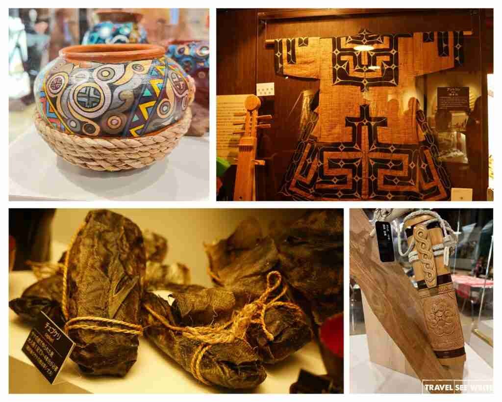 Ainu Artefacts displayed at the Ainu Cultural Museum (L to R, T to B): Ainu pots, an elm tree bark-made robe, footwear made from salmon skins, and an ainu makiri (small sword) used for hunting.