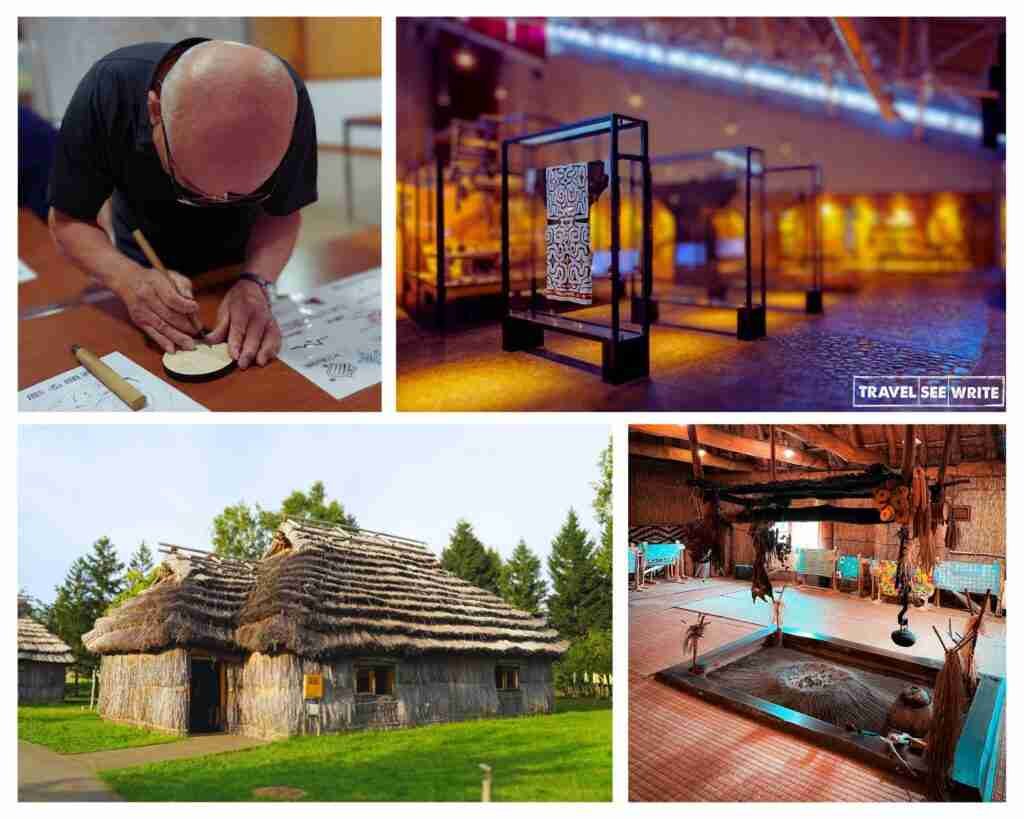 Inside Nibutani Museum (Left to Right, T to Bottom) - Visitors can learn Ainu carving at Nibutani Museum Workshop area, Ainu artefacts displayed inside the Nibutani museum, traditional Ainu hut, and their central fireplace that doubled up as a heating place too.