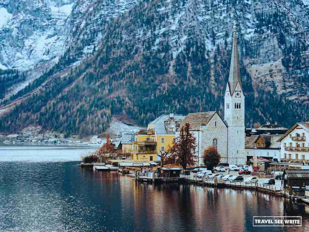 Hallstatt in spring with a layer of melting snow