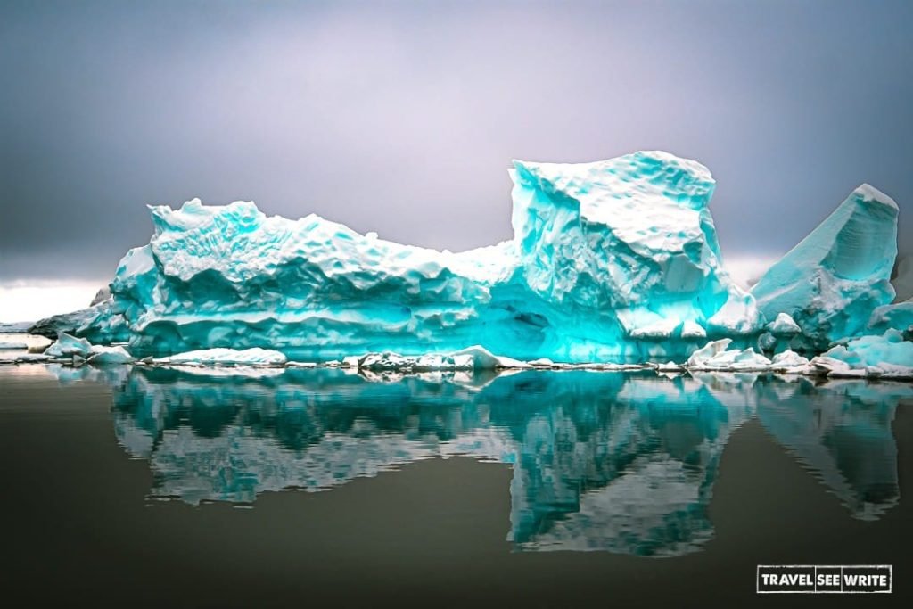 Blue icebergs floating in Antarctic waters