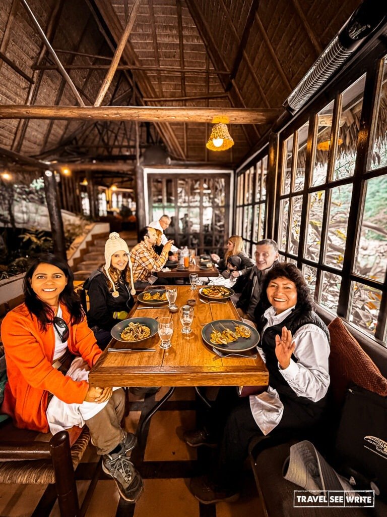 Enjoying a sumptuous meal with my group at Inkaterra Cafe after exploring Machu Picchu Ruins.