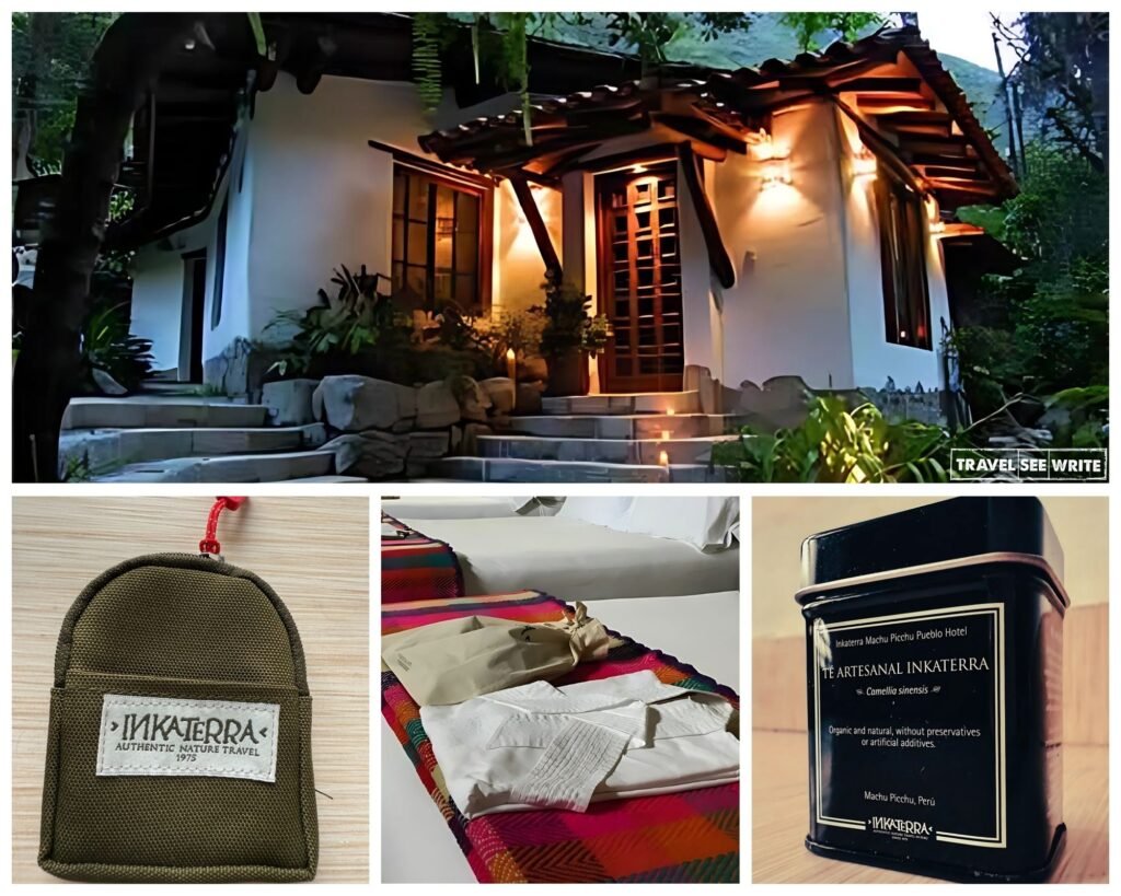 The thoughtfulness of the Inkaterra staff was evident everywhere (L to R): cosy room, eco-friendly pouches, bathroom, slippers and special award-winning black tea in-house.