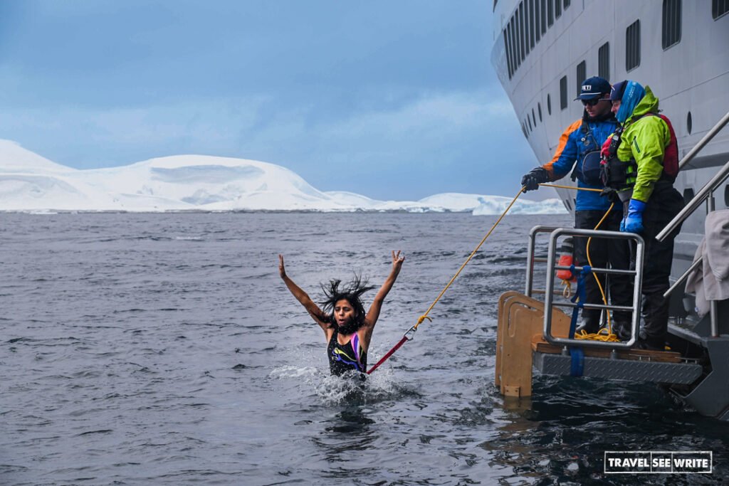 Polar plunges are typically offered once on every Antarctica expedition cruise.