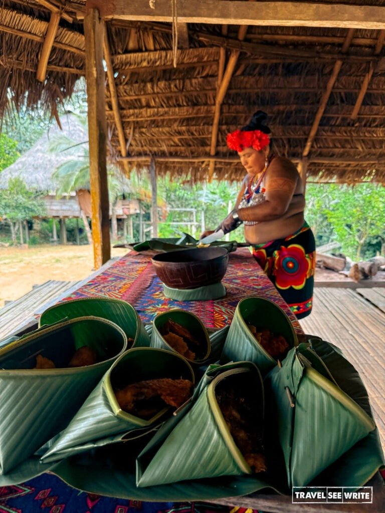 A traditional Embera Community lunch is served - fried fish and plantains.