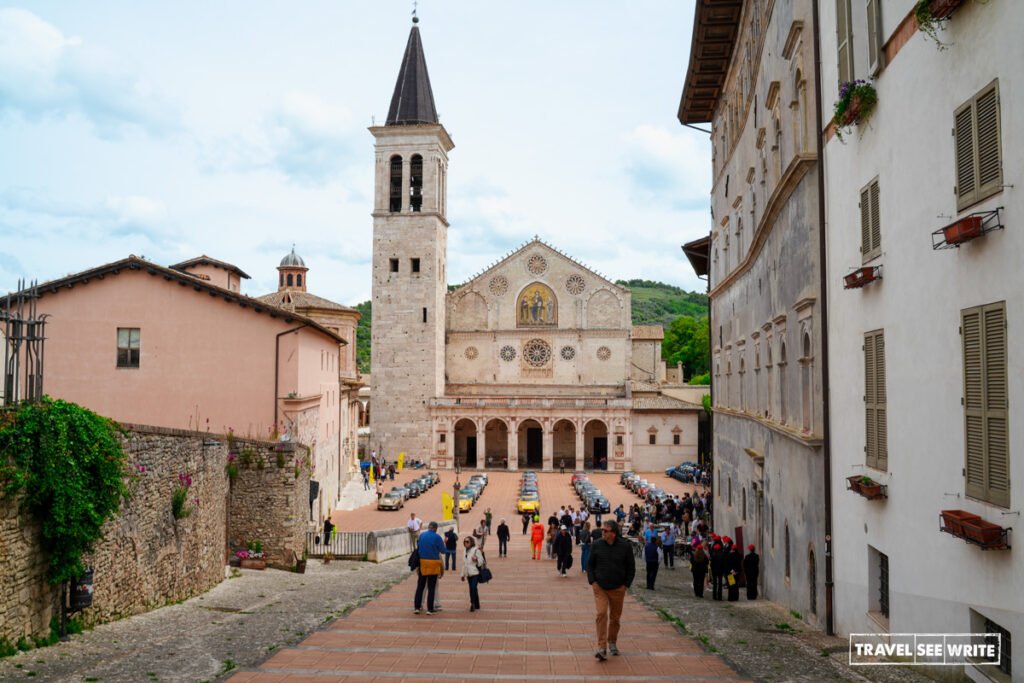Piazza del Duomo in Spoleto, Umbria, Italy, looking directly down at the Cattedrale di Santa Maria Assunta (Duomo di Spoleto).